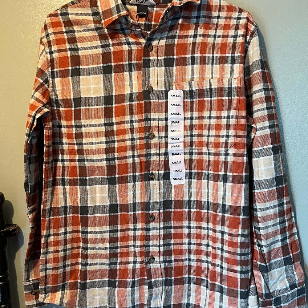 Eddie Bauer Men's Heavy Flannel Long Sleeve Button Down Orange Plaid L Shirt NWT